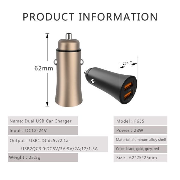 F655 QC3.0+ UDB2.1A Dual car charger, universal car charger for phones, top selling car usb charger