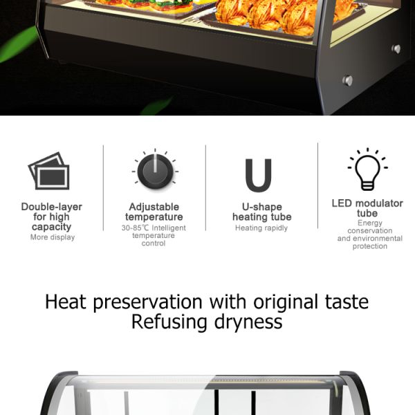 1200x530x580mm Black Curved Glass Food Display Warmer for Hot Food Heating Showcase