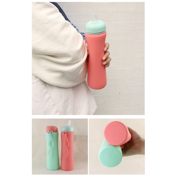 Pink Green Reusable Silicone Water Bottle For Outdoor Sports Travel OEM