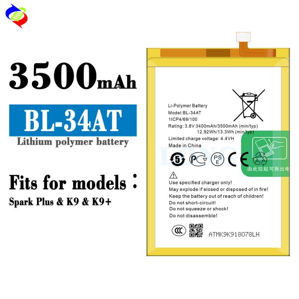 TECNO k9 k9 BL-34AT 3500mAh 3.7V Rechargeable Li-Polymer Battery with Double IC Protection