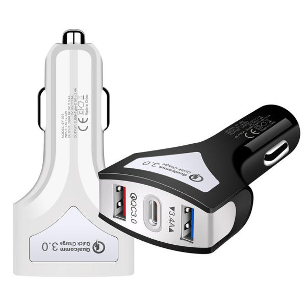 QC3.0 Type C 3 Port USB Car Charger 20W Plug In For Mobile Phone