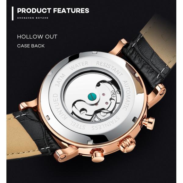 J022-2 Fashion Black Strap Silver Cover Hollow Out Case Back With Complete Calendar Mens Automatic Mechanical Watch