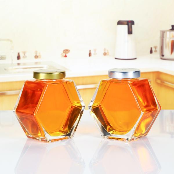 Custom 230ml 350ml hexagon honey glass jar with Metal Lids and labels