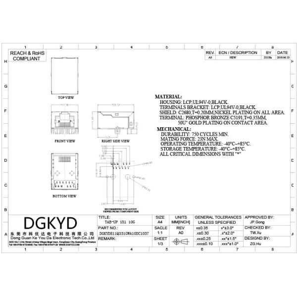 DGKYD811Q351GWA10DC1057 10G Rj45 Network Connector 8P8C Female Connector With Shrapnel Rj45 Modular Block Socket