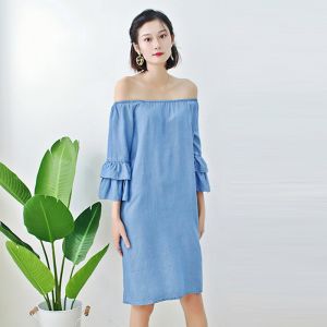 China Ladies Off Shoulder Denim Blouses And Tops Long Dress With Super Soft Lyocell wholesale