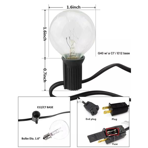 Custom Led Edison Bulb Outdoor String Lights 25ft G40 E12 Base 2 Years Warranty