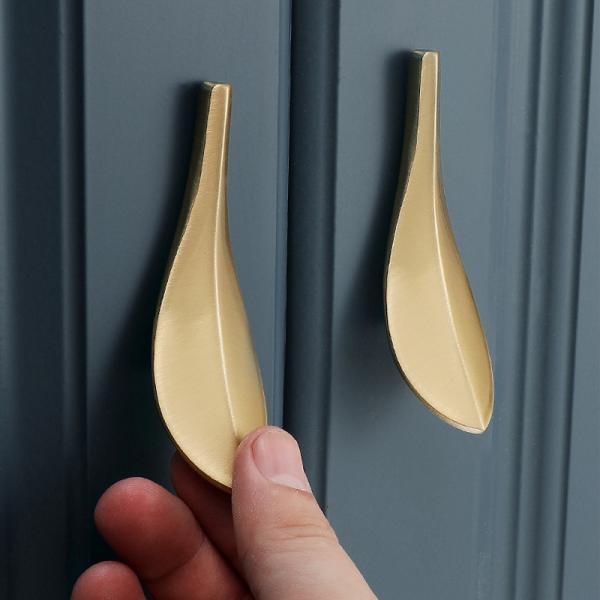 Nordic Brass Glod Leaves Cabinet Door Wardrobe Handle 2pairs Furniture Handle Knob Double Hole Fixed Equipped With Screw