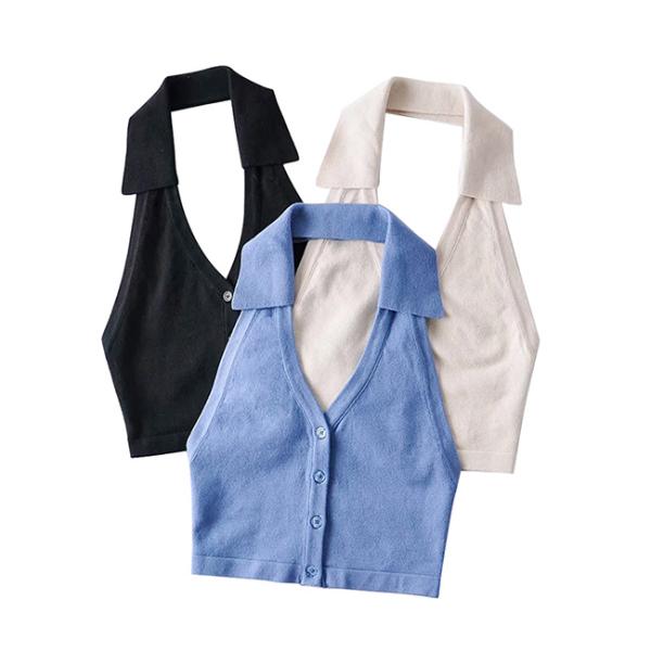 Women Polo Collar Backless Button Crop Top Streetwear Slim Fit White Halter Vest