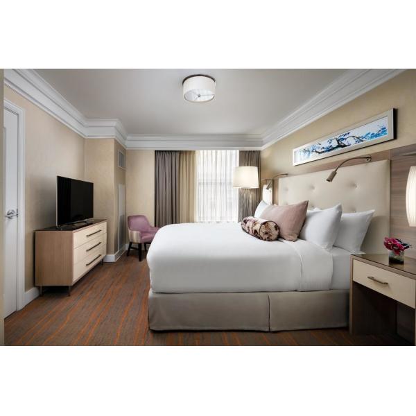 Hotel Standard Double Room Interior design of Furniture in Fabric upholstered headboard and Leather Bed with TV cabinet