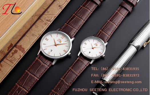 PU leather strap for couple watch with alloy case and color band dial customized