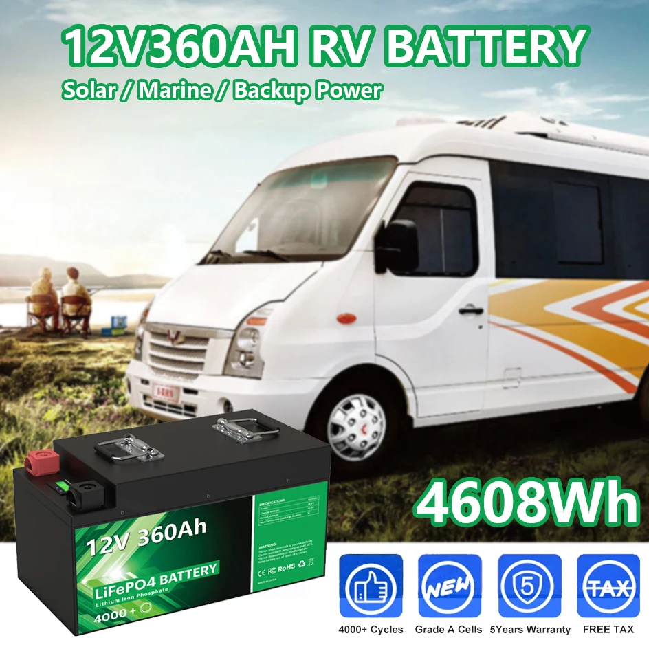 12V 360Ah 280AH LiFePO4 Battery Pack 12.8V 4608Wh Rechargeable RV Car Battery 4000+ Deep Cycles