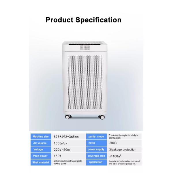 ETL Commercial Hepa Filter Air Purifier 100m2 150W UV Germicidal