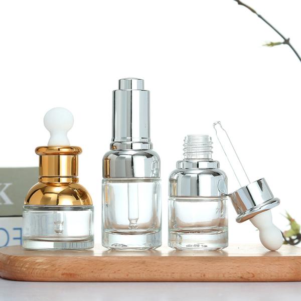 Round Glass Bottle Alu Dropper Essential Oil Bottle with Box Customize Luxury Oil Push Button Flat Shoulder 20ml 30ml 50ml
