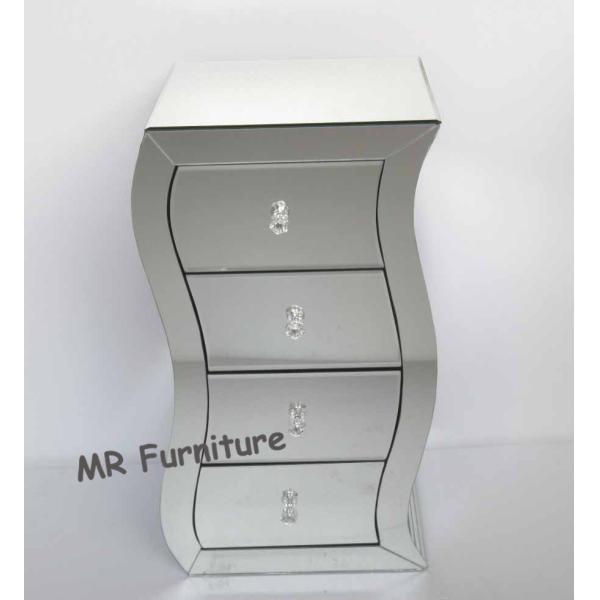 S Shape Silver Mirrored Chest , 4 Drawers Mirrored Bedroom Dresser Wooden Base