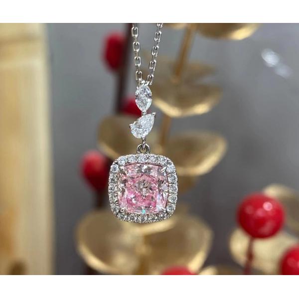 1.63ct Pink Cushion Cut Laboratory VS Diamond Necklace 18k White Gold Customize Service