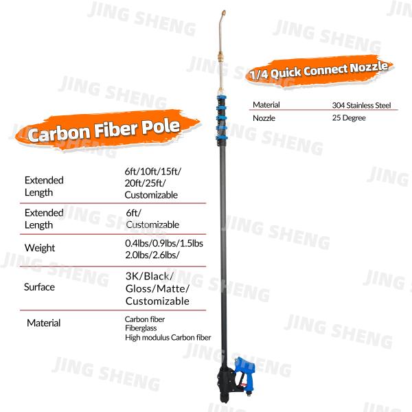 20ft 3K Surface Carbon Fiber High Telescoping Pressure Washing Pole For Cleaning Building Exteriors Length 2 Years Warranty