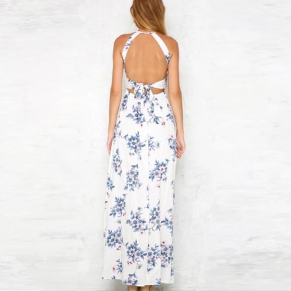 Bohemian Halter Backless Sleeveless Floral Printed Slit Maxi Long Dress for Woman