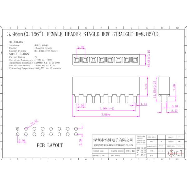 3.96mm Female Header Connector Single Row Straight For Medical Equipment