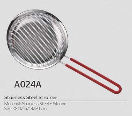 Quality 16cm metal cooking tool stainless steel big basket strainer with plastic metal,silicone handle with FDA certificate for sale