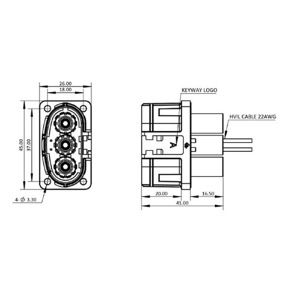 3500VAC Waterproof Battery Connectors , PTC 3 Pin Power Connector