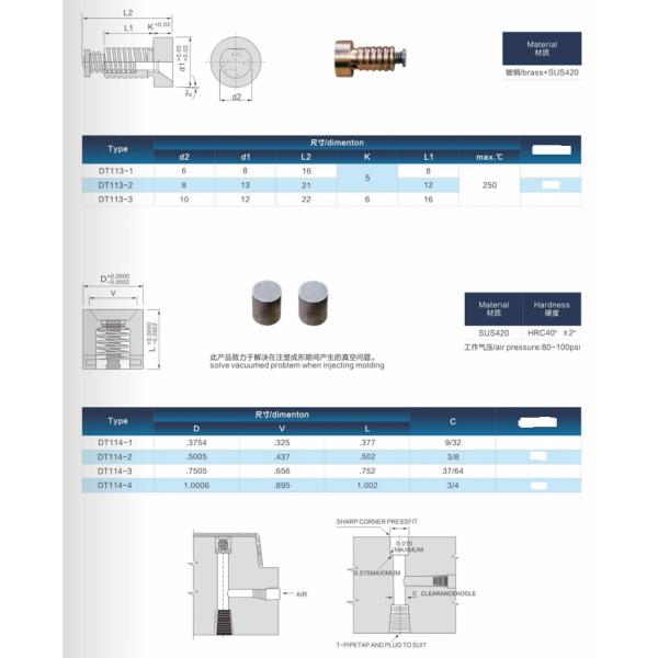 Brass SUS420 Gas Vent Air Poppet Valve Injection Mold CUMSA Standard