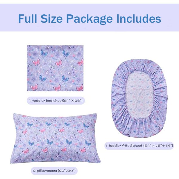 Girls Sheet Set with Floral Butterfly Pattern, Breathable Silky Soft Microfiber Sheet Set