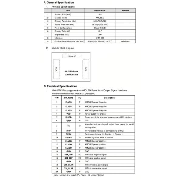 Pin definition diagram for HX163LX010R AMOLED display