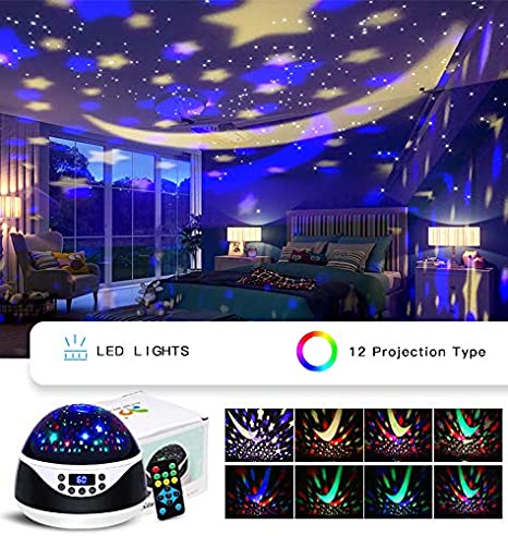 Built-in 12 Light Songs 360 Degree Rotating 8 Colorful Night Light Projector Remote Control and Timer Design Projection