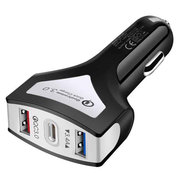QC3.0 Type C 3 Port USB Car Charger 20W Plug In For Mobile Phone