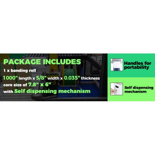 Polyester PET strap banding woven roll includes self dispensing box for easy manual or machine use