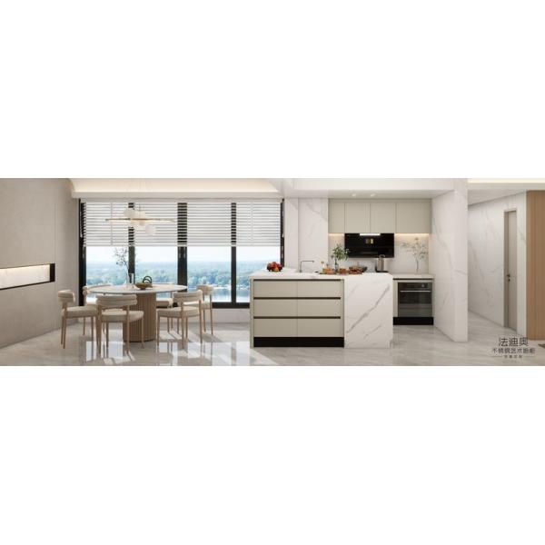 Modern Beige Stainless Steel Kitchen Cabinet With High-Low Design Quartz Countertop