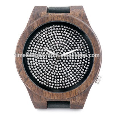 Black Natural Bamboo Wooden Watch Genuine Brown Leather Strap Full Diamond Dial Japanese Quartz Movement Men Casual Watch