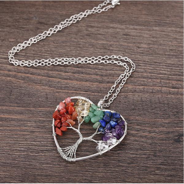 Meditation Life Tree Heart Shaped Chakra Stone Crystal Necklace Adjustable Size
