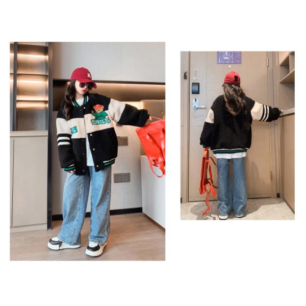 Threaded Cuff Warm Childrens Coats Bear Embroidery Lamb Wool Baseball Jacket