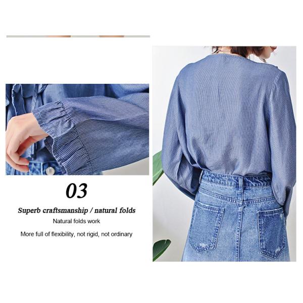 Fashion Ruffle Tie Denim Blouses And Tops , Women's Denim Shirts Long Sleeve