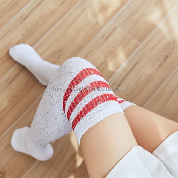 F989 Solid Color Striped Over the Knee Thigh High Socks Sexy Women's Socks with Rhinestone 2023 Custom Made Long High Socks