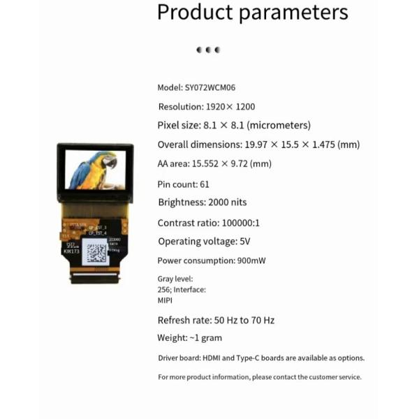 0.72 Inch Full Color Micro Oled Screen 4k Oled Microdisplay 1920*1200