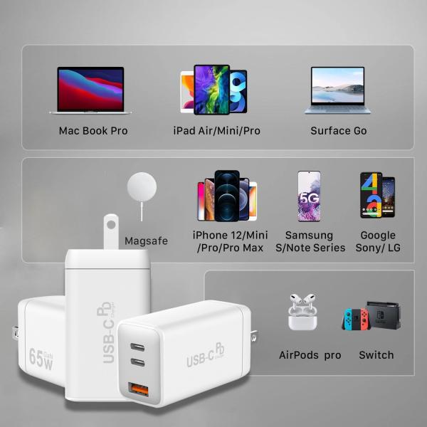 Foldable 3 Ports Fast Charging Wall Charger 65W USB A USB C Wall Charger