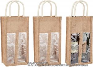China Burlap Wine Bottle Bag Jute Wine Tote Gift Bag With 2 Clear Window And Handle Wedding Birthday Festivals Souvenir on sale