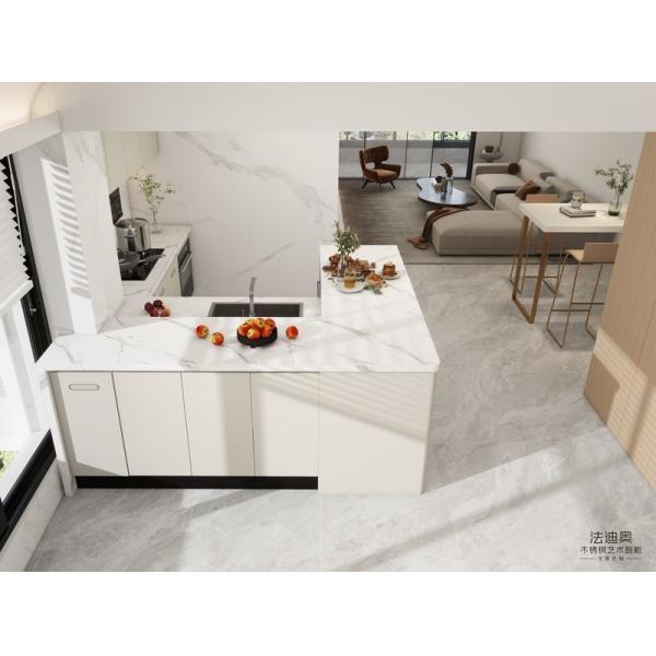 Modern Beige Stainless Steel Kitchen Cabinet With High-Low Design Quartz Countertop