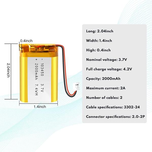 103450 3.7V Lithium Ion Polymer Battery 57g Rechargeable Li Ion Battery 2000mAh