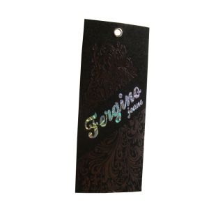 China Personalized Custom Costume Black Paper Swing Tags Debossed Holographic Logo on sale