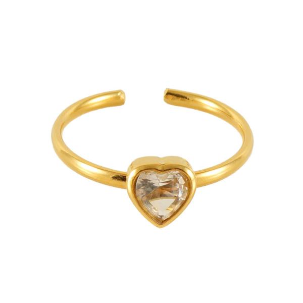 Classic Gold Stainless Steel Ring Brilliant Cut Heart Zircon Ring Jewelry