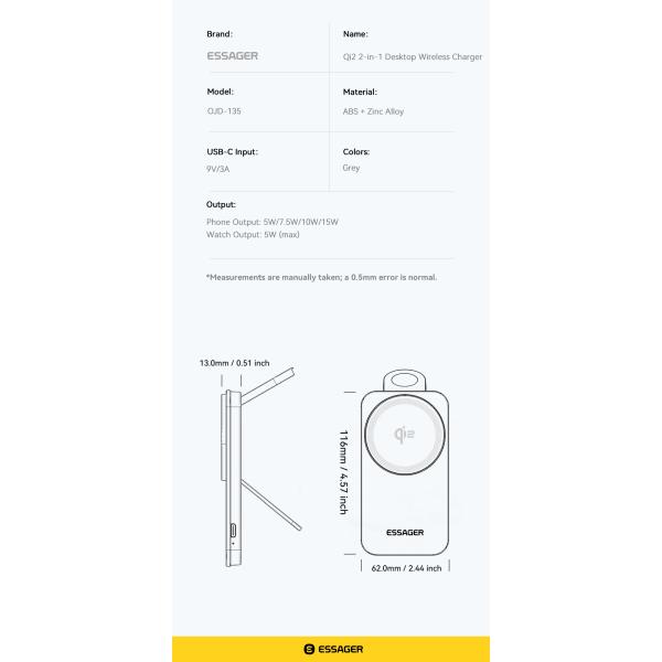 ESSAGER OJD-135 Desktop 2 In 1 15W Qi2 Magnetic Wireless Charger For Phone Watch