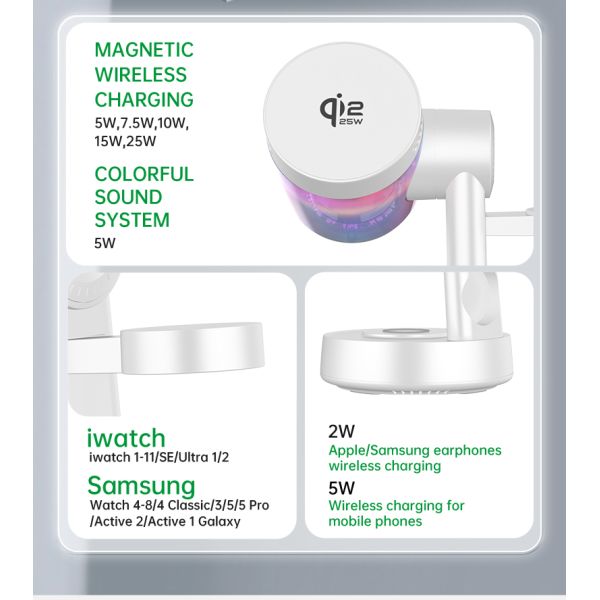 Qi2.2 5 in 1 Bluetooth Speaker Wireless Charger station for iPhone 17/16 Samsung Galaxy S25