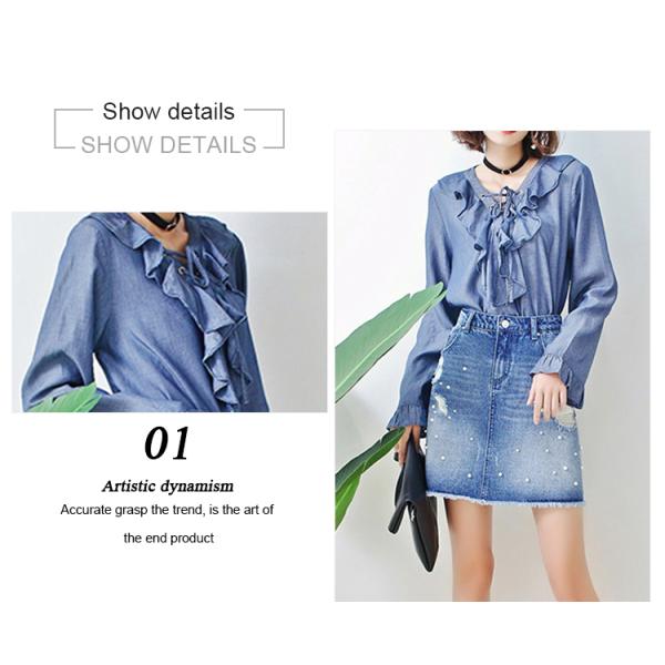 Fashion Ruffle Tie Denim Blouses And Tops , Women's Denim Shirts Long Sleeve