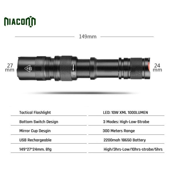High Brightness Tactical Led Flashlight USB Rechargeable Cree Xml 10w Tactical Torch