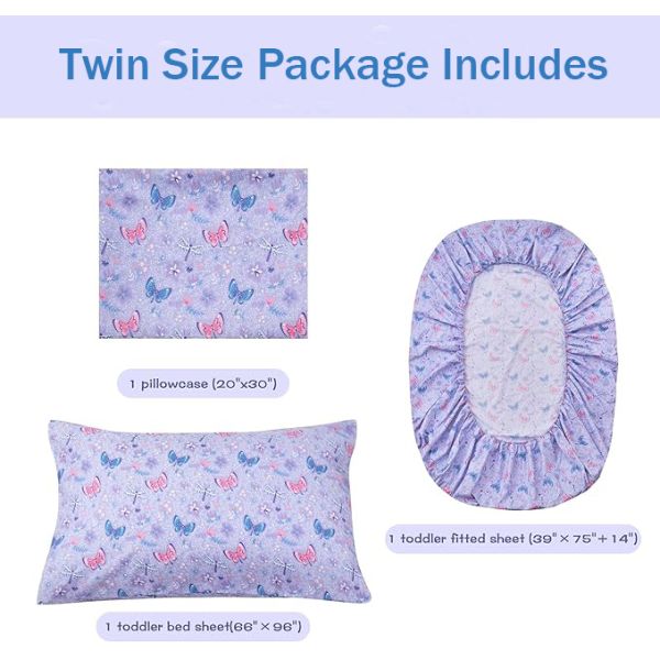 Girls Sheet Set with Floral Butterfly Pattern, Breathable Silky Soft Microfiber Sheet Set