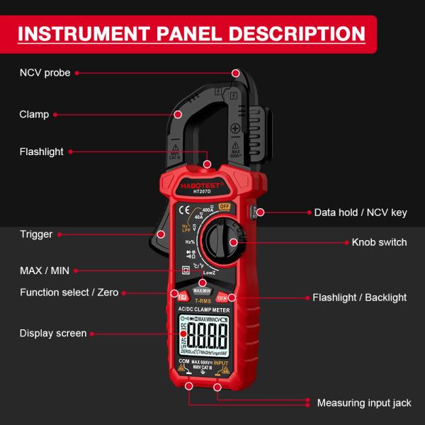 HT207 AC DC Digital Clamp Meter Multimeter Pinza Amperimetrica True RMSTrue RMS NCV Voltage Inrush Current Tester