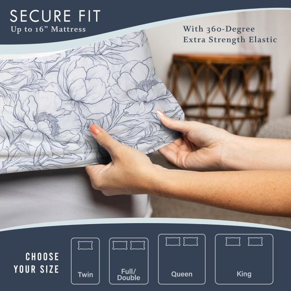 Super Soft Bed Sheets with Fitted Sheet, Flat Sheet & Pillowcase – Elegant Black & White Floral Bedding Set